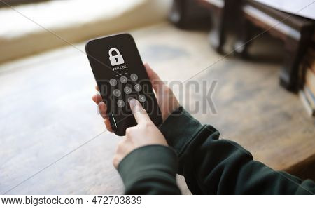 Device Secure Access Concept, Woman Accessing Smartphone With Pin Code. Cyber Security, Hacking Phis