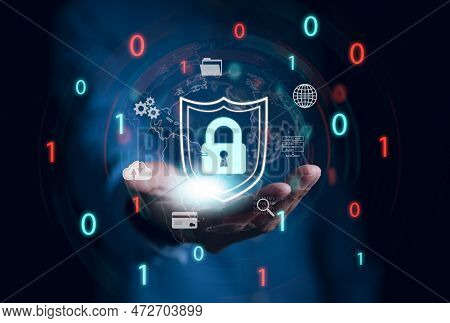 Cybersecurity And Privacy Concepts To Protect Data. Lock Icon And Internet Network Security Technolo