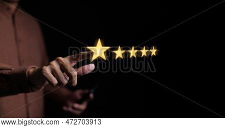 Customer Service Experience And Business Satisfaction Survey, Man Hand Touching On Popup Five Star I