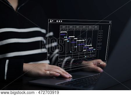 Analyst Working On Laptop. Business Analytics Chart And Data Management System To Make Report With K