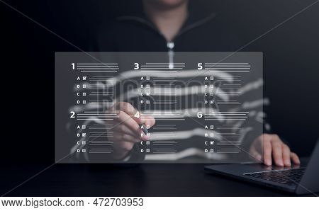 Businesswoman With Evaluating Questionnaire On Online Laptop Computer. Assessment Survey Online, Cho