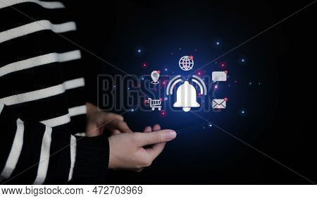 Woman Using Smartphone With Virtual Bell Ringing For Application Notification Alert Concept. Social 