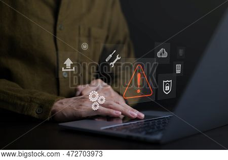 Computer Notification Error Maintenance Concept. Businessman Or Personnel, Programmer, Or Developer 