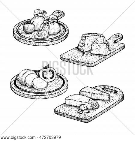 Traditional Italian Cheese Set. Mozzarella, Burratta, Ricotta And Parmesan With Basil Leaves And Tom