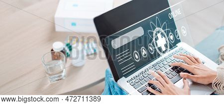 Healthcare And Medecine Online Interface Screen. Woman Patient Useing Yon Laptop Computer With Vitua