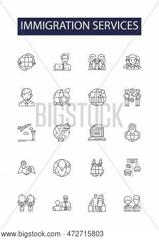 Immigration Services Line Vector Icons And Signs. Services, Visa, Consultants, Lawyer, Processing, A