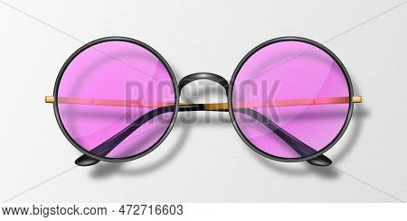 Vector 3d Realistic Modern Unisex Frame Glasses. Black Color Frame. Pink Transparent Sunglasses For 