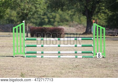 Show Jumping Poles Obstacles, Barriers, Waiting For Riders On Show Jumping Training. Horse Obstacle 