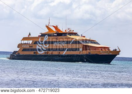 Playa Del Carmen, Mexico; March 15, 2023: Fast Ferry From Playa Del Carmen To Cozumel In Mexico With