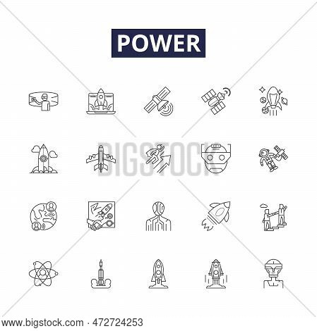 Power Line Vector Icons And Signs. Force, Capacity, Strength, Might, Authority, Control, Energy, Mus