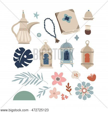Set Of Hand Drawn Illustrations For Ramadan Kareem Holiday. Islam, Muslim Religion Concept. Isolated