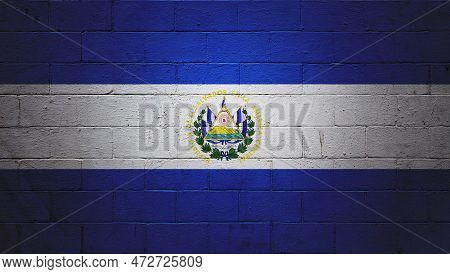 Flag Of El Salvador Painted On A Cinder Block Wall.