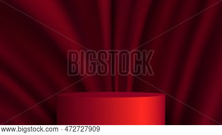 3d Realistic Modern Luxury Red Cylinder Podium Stand With Rred Silky Fabric Crease Background And Te