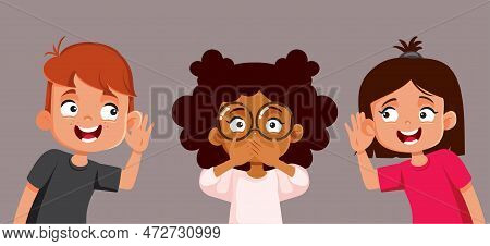 Little Girl Keeping A Secret From Curious Friends Vector Cartoon Illustration