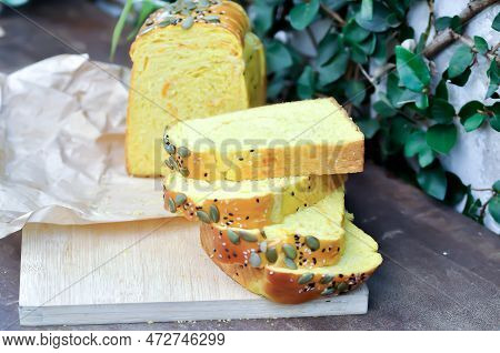 Bread , Pumpkin Bread Or Loaf Of Bread Or Sliced Bread Or Cut Bread With Pumpkin Seed And Sesame Top