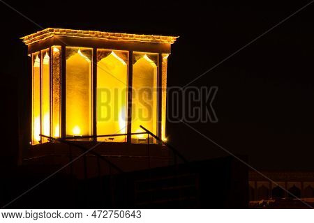 Wind Catcher Over House In Yazd City, Iran. At Night Illuminated
