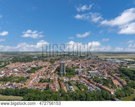 Aerial View Overlooking The City And The Sint Lievensmonstertoren In Zierikzee. Provinz  Zeeland In 