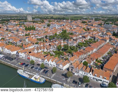 Aerial View Overlooking The City And The Sint Lievensmonstertoren In Zierikzee. Provinz  Zeeland In 