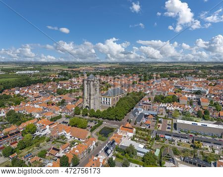 Aerial View Overlooking The City And The Sint Lievensmonstertoren In Zierikzee. Provinz  Zeeland In 