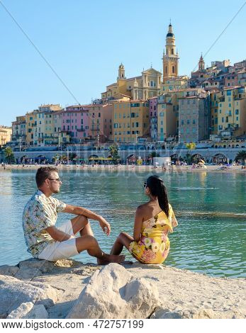 Menton France, Couple Men And Woman On Vacation At The Cote D Azur France, View On Old Part Of Mento