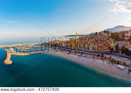 Colorful Old Town Menton On French Riviera, France. Drone Aerial View Over Menton France Europe