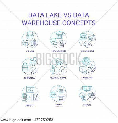 Data Lake Vs Data Warehouse Blue Gradient Concept Icons Set. Information Storage. Analytics Idea Thi