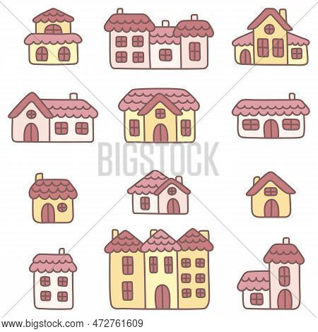 Collection Of Cute Colorful Doodle Houses. Set Of Simple Cartoon Objects Of Small Town Or Village. P