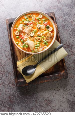 Traditional Puerto Rican Asopao De Pollo Chicken And Rice Stew Is Filling And Flavorful Closeup On T