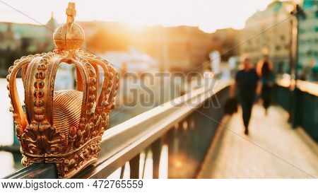 Stockholm, Sweden. Skeppsholmsbron - Skeppsholm Bridge With Its Famous Golden Crown In Stockholm, Sw