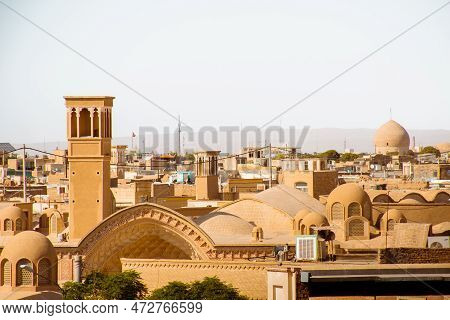Kashan Historical City Buildings Rooftops Panorama With Traditional Wind-catchers