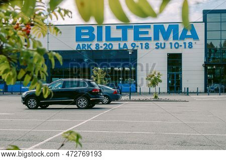 Helsinki, Finland - August 22, 2022: Biltema Store. Blue Sign Above Main Entrance To Building. Car P