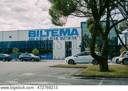 Helsinki, Finland - August 22, 2022: Biltema Store. Blue Sign Above Main Entrance To Building. Car P