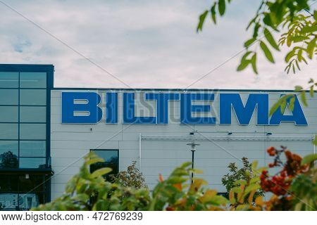 Helsinki, Finland - August 22, 2022: Biltema Store. Blue Sign Above Main Entrance To Building. Car P