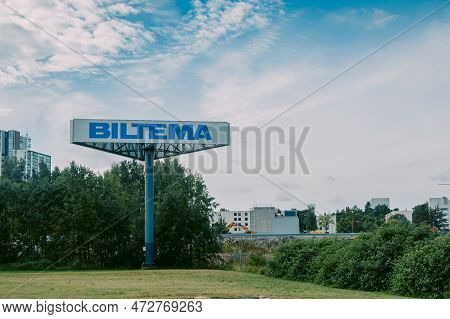 Helsinki, Finland - August 22, 2022: Huge Blue Biltema Sign At Entrance Of Swedish Store Of Spare Pa