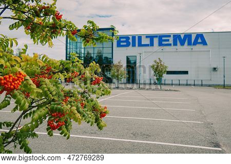 Helsinki, Finland - August 22, 2022: Biltema Store. Blue Sign Above Main Entrance To Building. Car P