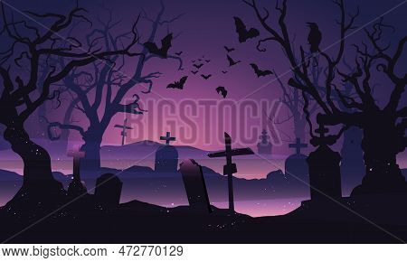 Halloween background. Tombstones, old cemetery, full moon, bats, ghost and forest, elements for halloween. Vector illustration. Spooky trees