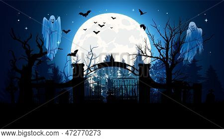 Halloween Background Old Cemetery, Full Moon, Bats, Ghost And Forest
