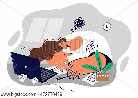 Unmotivated Woman Freelancer Laying Head On Table Suffering From Frustration Due To Poor Management 