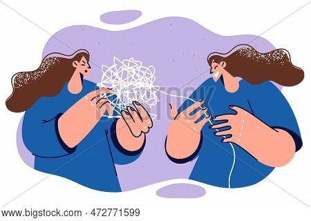Laughing Woman Near Psychotherapist Holding Bundle Of Tangled Threads Symbolizing Unresolved Psychol