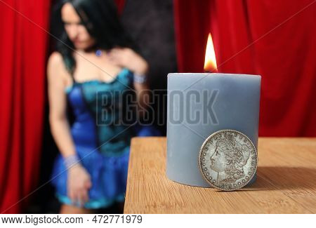 1879 Morgan Silver Coin With Woman In Blue Corset In Background