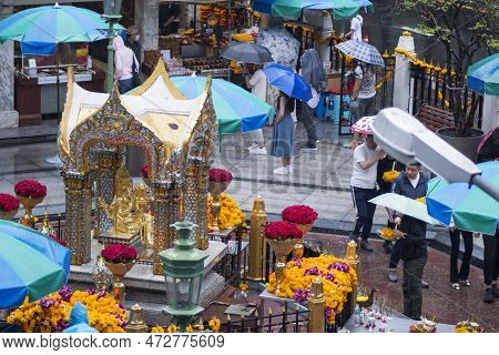 Bangkok, Thailand- 15 Feb, 2023: People Visit To Erawan Shrine To Pray For Luck And Fortune. Erawan 