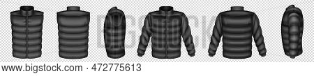 Realistic Set Of Puffer Jacket And Vest Mockups Isolated On Transparent Background. Vector Illustrat