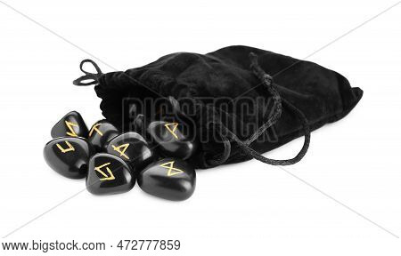 Bag With Many Black Rune Stones Isolated On White