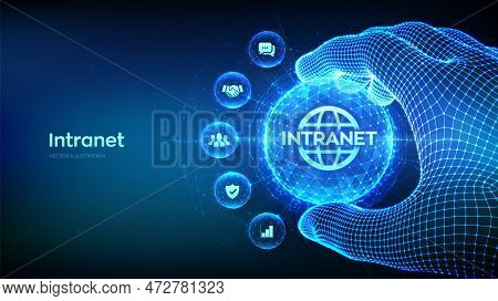 Intranet. Global Network Connection Technology Concept In The Shape Of Polygonal Sphere In Wireframe