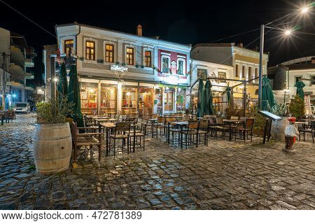 Korce Albania - 01.03.2023: Old Bazaar Of Korca City Filled With No People At Night