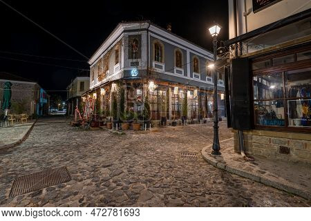 Korce Albania - 01.03.2023: Old Bazaar Of Korca City Filled With No People At Night