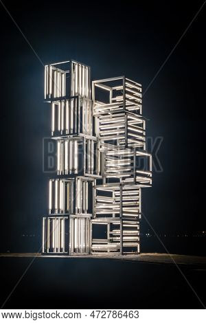 Lisbon, Portugal - December 4, 2022: Illuminated Sculpture Central Tejo By Pedro Cabrita Reis At Nig