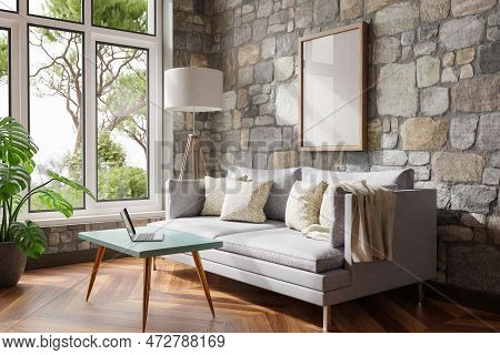 Cozy Living Room Interior In Room Corner; Sunlight Shining Trough Window; Floorlamp And Couch Table 