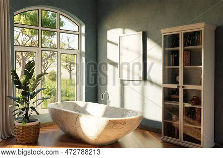 Freestanding Bath In Lightflooded Cozy Country House Bathroom; Minimalistic Interior Design With She