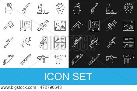 Set Line Pistol Or Gun, Weapon Catalog, Advertising Weapon, Gun Magazine And Bullets, Book With Pist